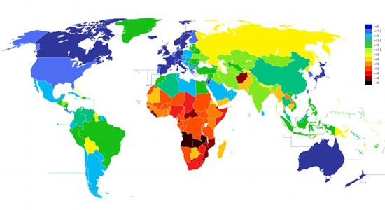 科学家最近采用色彩密码地图，标记出全球222个国家人类的寿命情况